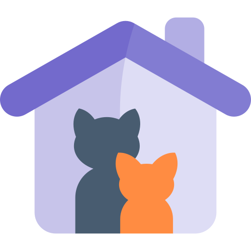 Pet hospitalization and in-clinic cat care icon, PETSURG and ER4PETS, San Diego, CA Illustrated icon of two cats inside a house, representing pet hospitalization and 24-hour veterinary care at PETSURG and ER4PETS in San Diego, CA